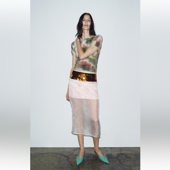 ZARA Collection Sheer 100% Silk Midi Skirt Gold Sequin Waist Size M NWT Limited